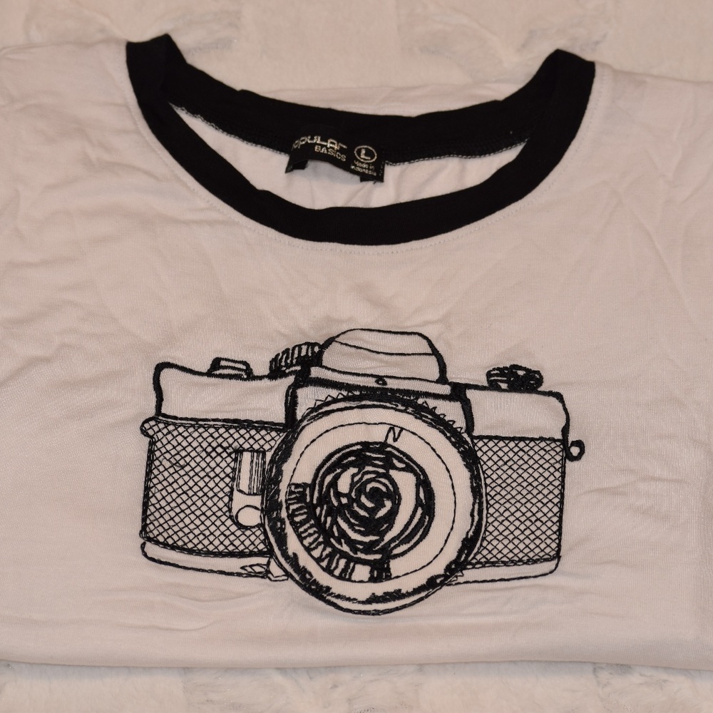 Camera Black & White Ringer Embroidered Tee